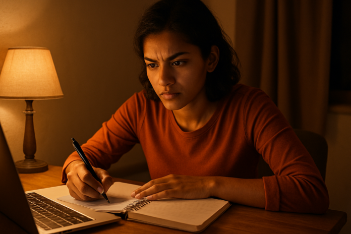 A young person sitting with a notebook, thinking about balancing family responsibilities and personal dreams.