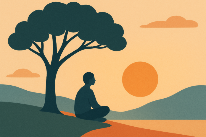 A person pausing in nature, reflecting on life with inner peace