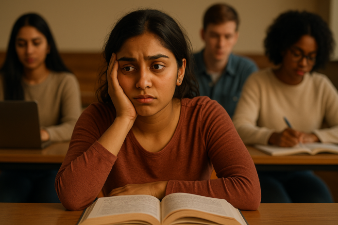 Young South Asian woman feeling mentally distracted in classroom, representing adult ADHD symptoms