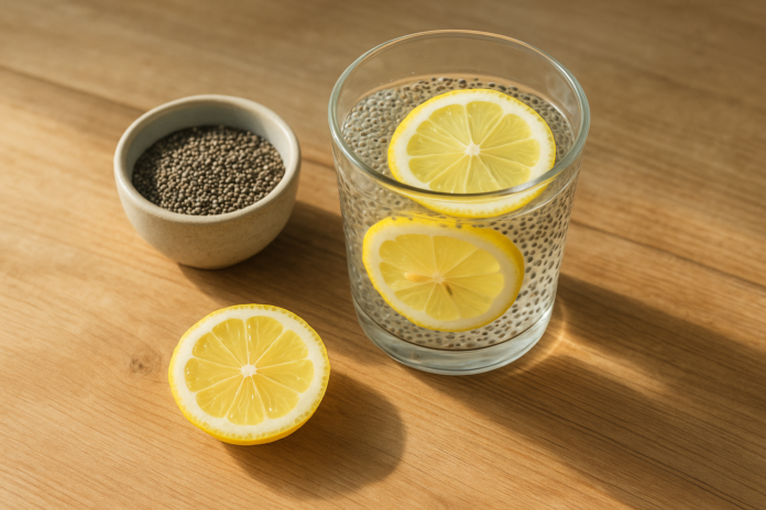 Chia seeds soaked in water with lemon, a healthy superfood for weight loss and energy boost