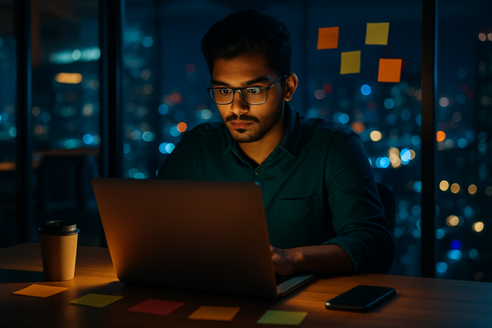Young entrepreneur working late at night in an office building with laptop and notes, representing startup hustle and success.