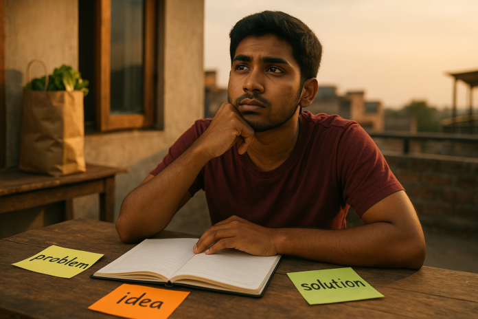 Young South Asian entrepreneur brainstorming business ideas from real-life problems