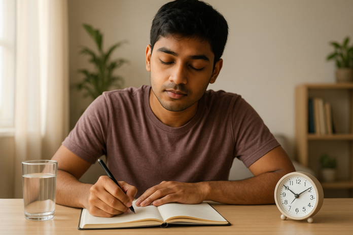 Young South Asian man practicing mindfulness and self-control at home with journal and meditation