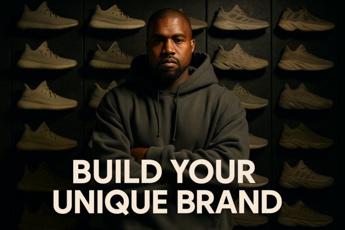 Kanye West standing with Yeezy sneakers collection, representing unique brand building