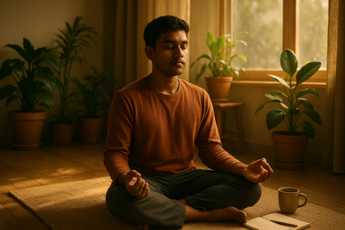 Person practicing deep breathing in a peaceful home environment, with plants and natural light, representing relaxation and nervous system balance.