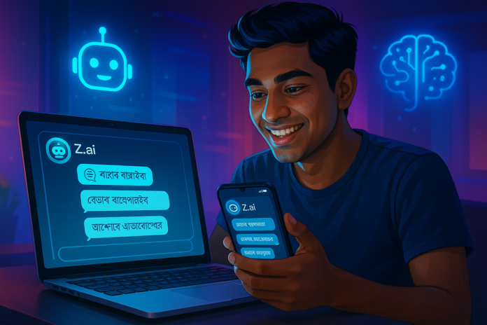 Z.ai AI chatbot interface on a laptop and smartphone, showing Bengali text responses, symbolizing free and advanced AI for Bangladeshi users.