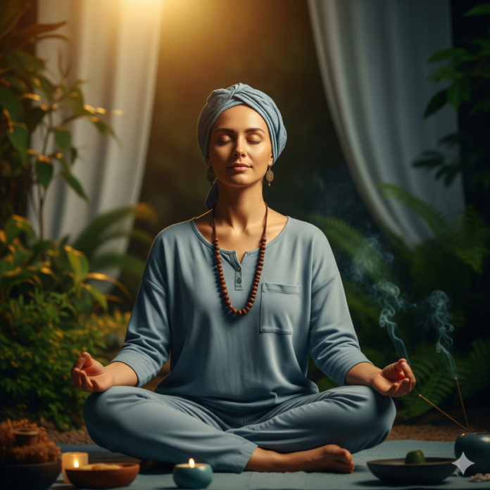 A person is meditating with a calm expression in a peaceful environment, symbolizing mental peace and stress relief.