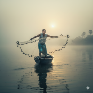 a Bangladeshi fisherman casting his net at sunrise, capturing a peaceful and reflective moment
