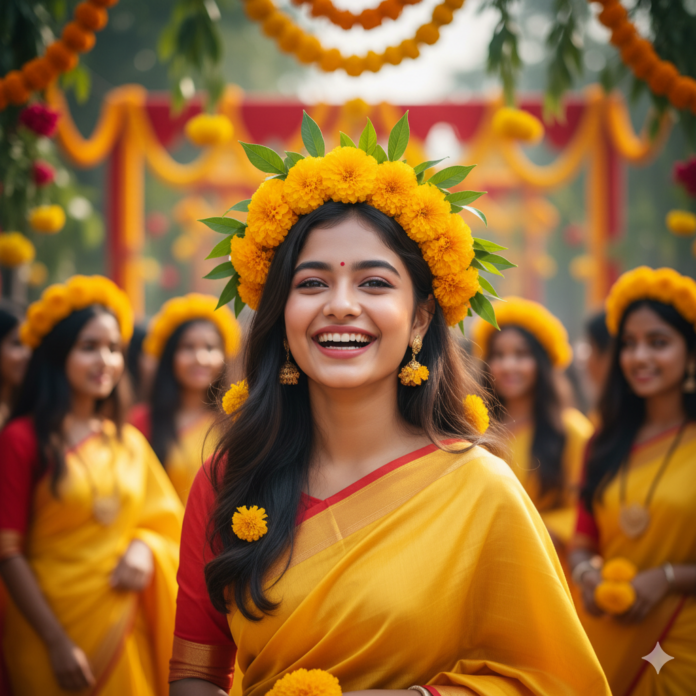 a vibrant and joyful portrait of a teenage Bangladeshi girl celebrating 'Pohela Falgun'