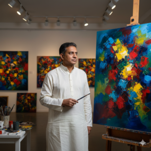 a sophisticated and professional portrait of a renowned Bangladeshi painter in his studio, surrounded by his vibrant abstract works