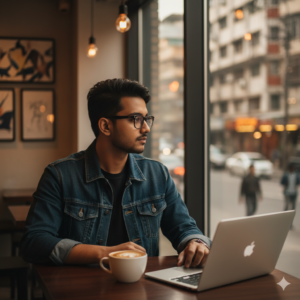 a stylish and modern portrait of a young Bangladeshi man in a contemporary coffee shop, with a thoughtful expression