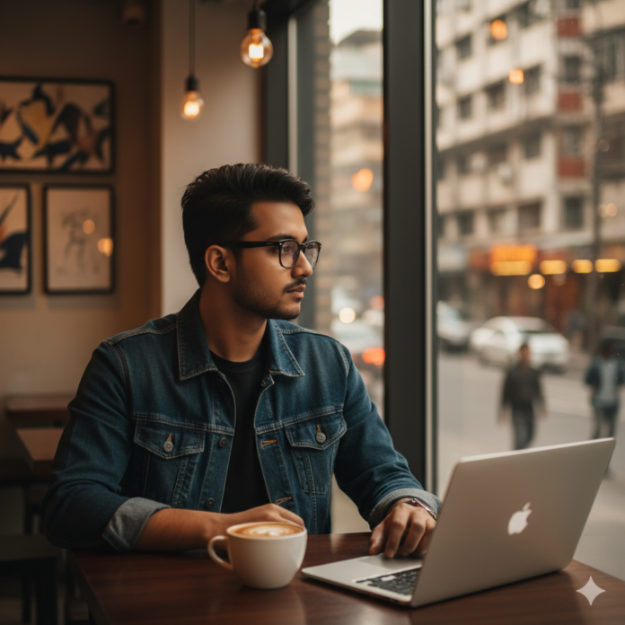 a stylish and modern portrait of a young Bangladeshi man in a contemporary coffee shop, with a thoughtful expression