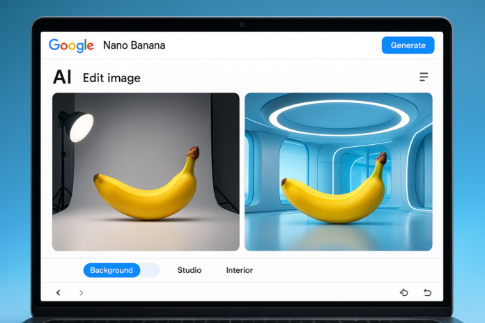 Google Nano Banana AI tool interface with photo editing and design features