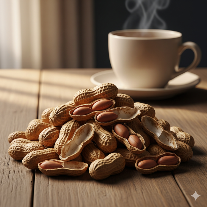 A close-up shot of dry peanut shells on a wooden table, with some whole peanuts nearby, symbolizing a healthy and eco-friendly resource.