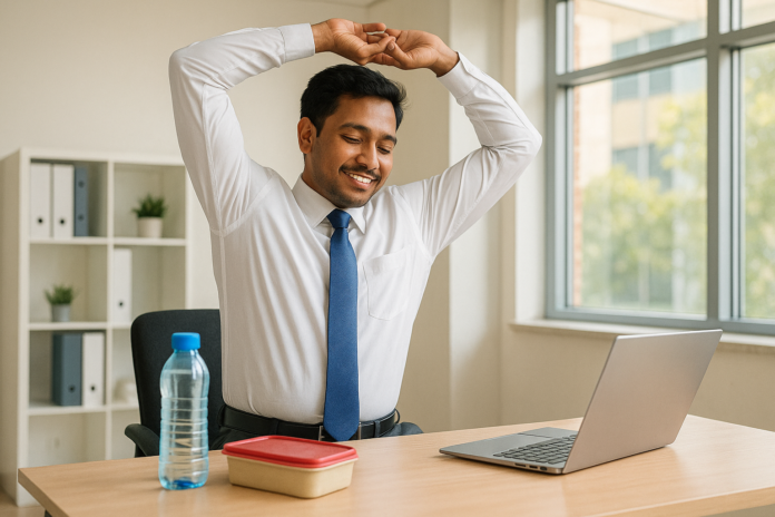 “Bangladeshi office worker staying fit with healthy habits at desk”