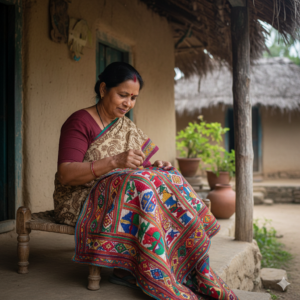 middle-aged Bangladeshi woman sewing a 'Nakshi Katha' on her porch, with a rustic village background