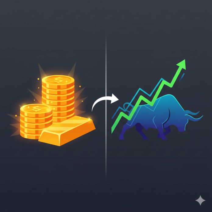Gold bars and coins versus stock market charts comparison for investment decision making