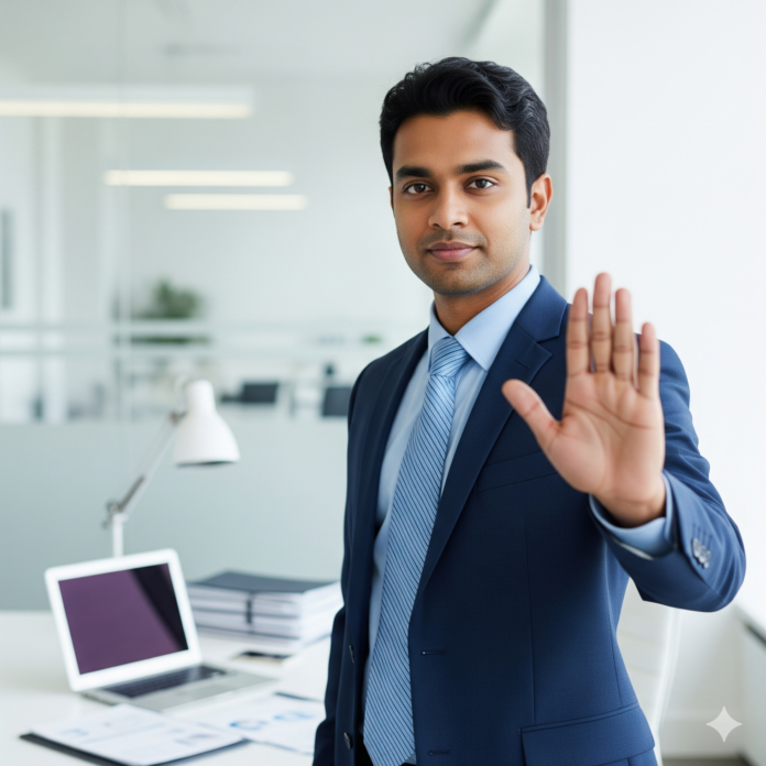 An office worker politely and confidently declining a request from a colleague, symbolizing the act of saying no at work.