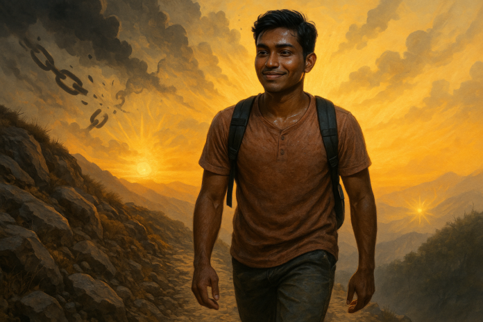 “Person standing on top of a hill at sunrise symbolizing life challenges and positive growth”