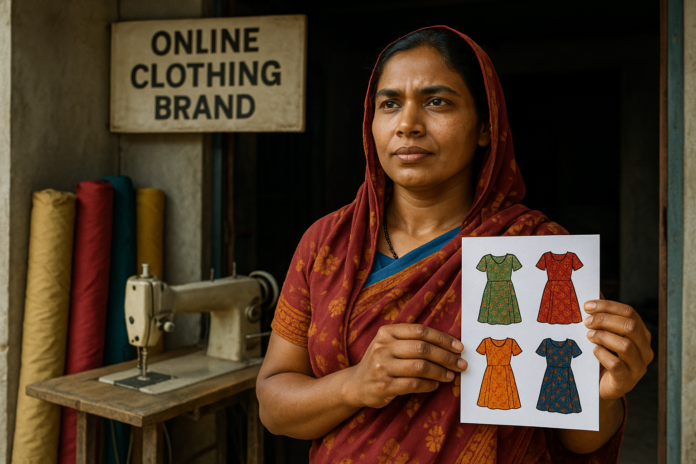 Bangladeshi woman entrepreneur holding clothing designs in front of her small shop Lima’s Wear