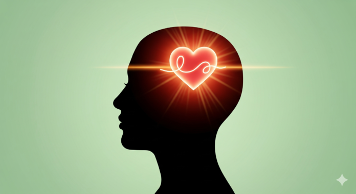 A person's head with a bright, glowing heart and a brain icon inside it, symbolizing a healthy mind.