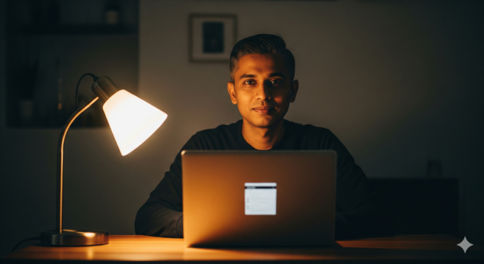 A focused young man working on his laptop at night in a peaceful, dim-lit room, with a cup of coffee beside him.