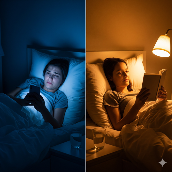 A person reading a physical book with a soft table lamp, contrasted with a blurry phone screen in the background.