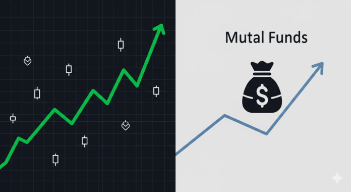 A person's hand holding a magnifying glass over two coins, one labeled with a 'share' icon and the other with a 'mutual fund' icon, against a backdrop of a financial graph.