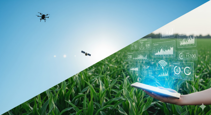 A modern farmer using a tablet or smartphone in a field with a drone flying over crops.