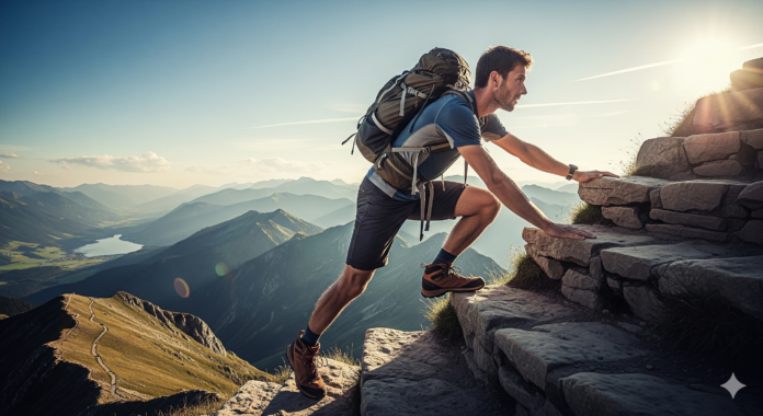 “Person climbing a mountain symbolizing struggle and success in life”