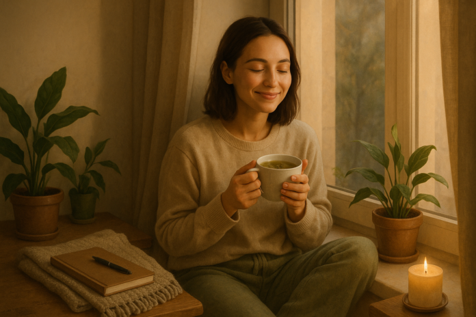 “Woman practicing healthy tiny habits for a calmer nervous system”