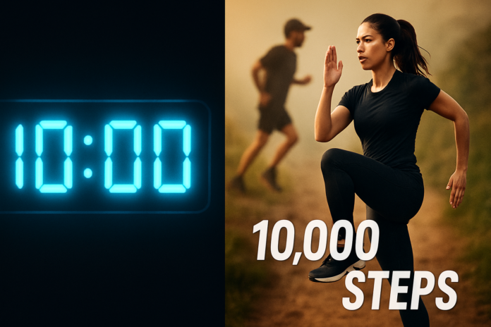 Infographic comparing 10-minute vigorous micro-workouts with a 10,000-step counter, showing heart and fitness benefits