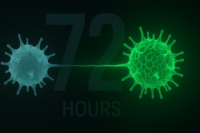 Scientific illustration showing the regeneration of white blood cells after a prolonged 72-hour fast, with a focus on stem cell activation.