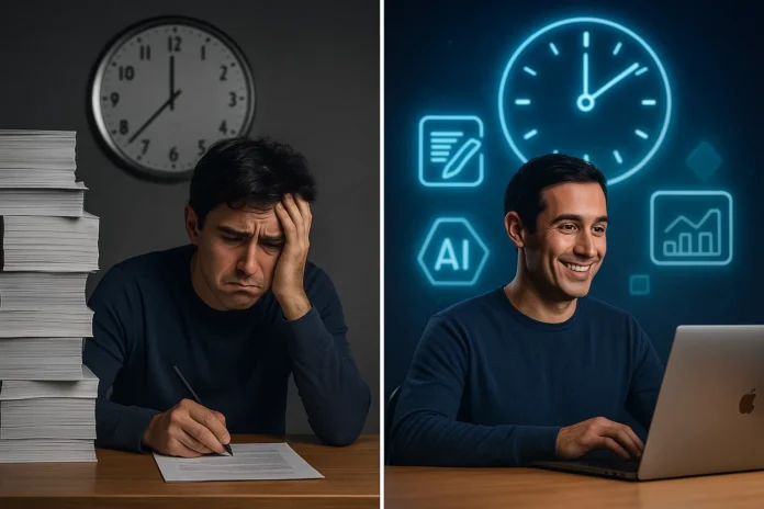 A person feeling productive and relaxed at their desk, with AI icons in the background helping them manage tasks, data, and writing.