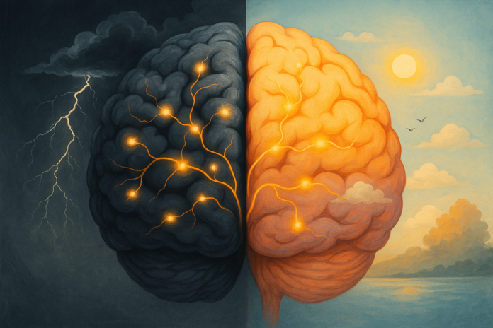 Illustration of a human brain divided into negative and positive zones, representing negativity bias and emotional memory