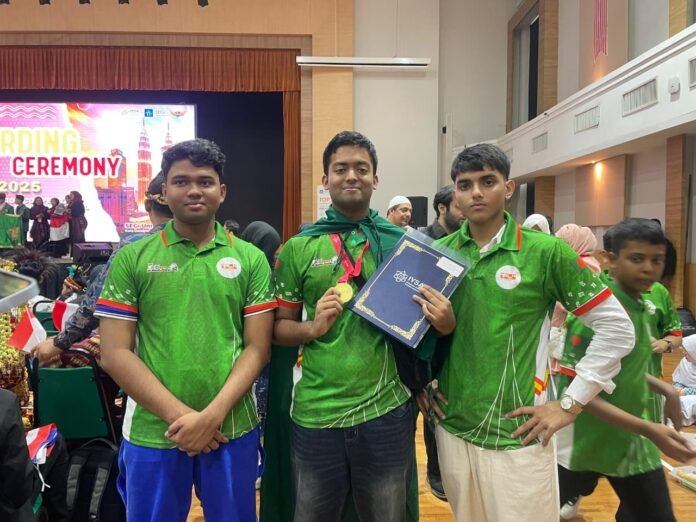 Bangladeshi students from Dhaka Residential Model College winning gold at WICE 2025 for RiverGuard innovation
