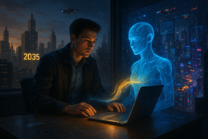 Futuristic illustration showing AI interacting with human jobs, medicine, education, and daily life over the next ten years