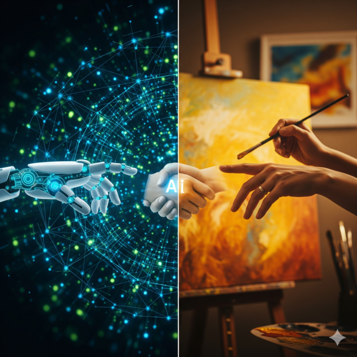 A futuristic image of a human and a robot working together, symbolizing a blend of human skills and artificial intelligence.