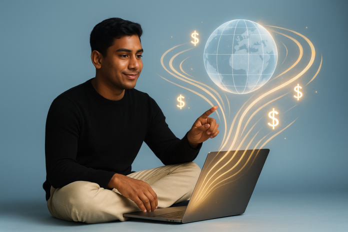 A happy Bangladeshi freelancer working on a laptop, with dollar signs and global connection icons, representing earning from the best remote job sites.