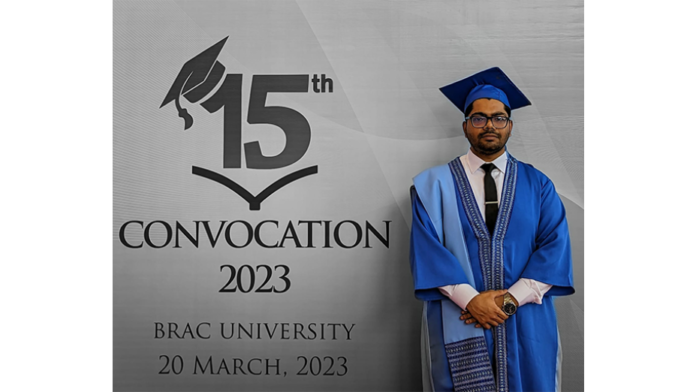 BRAC University alumnus BM Mostafa Mahamud Alvi standing in front of the Meta Singapore office, symbolizing a successful career transition from law to tech policy.