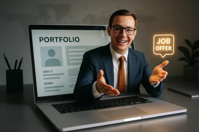 build-strong-portfolio-remote-jobs A professional building a strong digital portfolio website, which acts as a bridge to secure a remote job.