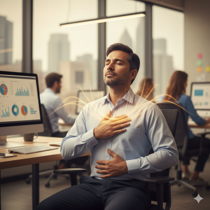 Bangladeshi working professional practicing deep breathing (4-7-8 technique) at his office desk to control work stress and calm his mind.