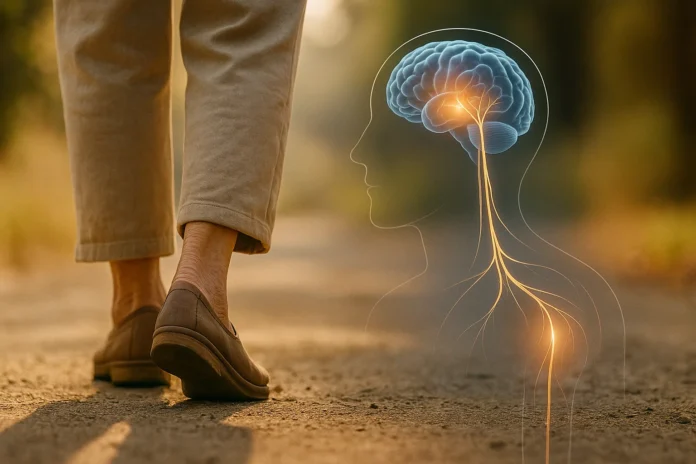 dementia-starts-from-feet-warning-signs A symbolic image showing neural pathways connecting the brain to the feet, with a red warning glow on the feet, indicating dementia's first symptoms.