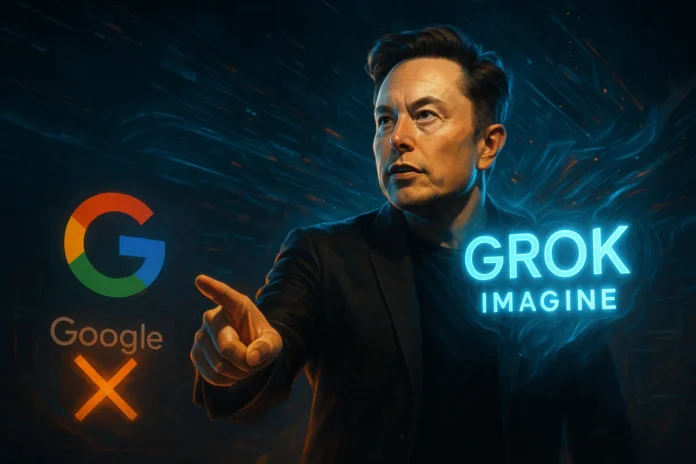 Elon Musk smiles confidently, with the Google Gemini logo crossed out on one side and a new, glowing 'Grok' logo with a checkmark on the other, symbolizing competition.