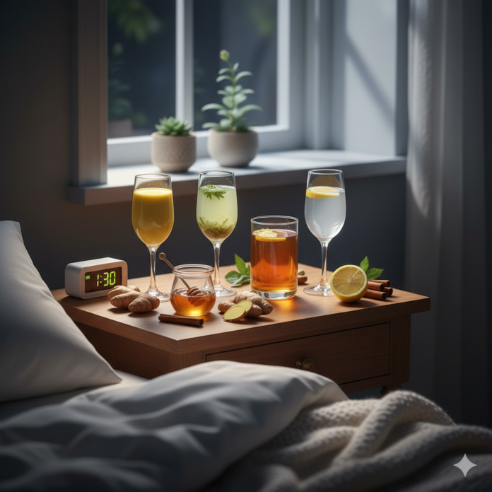8 smart drinks for fat burning during sleep, showing turmeric milk and chamomile tea.
