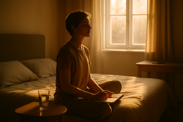 first-30-minutes-morning-routine-success A person starting their day positively with hydration, meditation, or journaling, looking calm and focused, with the morning sun shining.