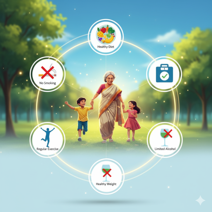 Harvard-backed five healthy habits: move daily, balanced plate, quality sleep, strong relationships, stress protection