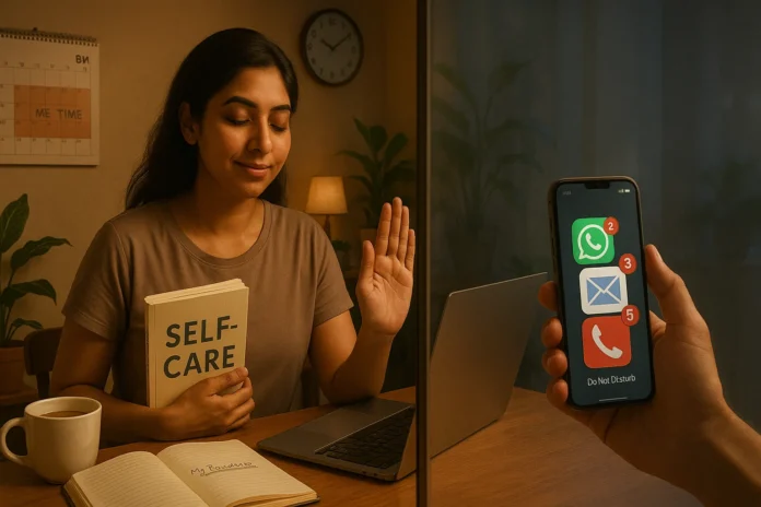 healthy-relationship-boundaries A symbolic illustration of a healthy relationship, where two people stand confidently, surrounded by their own personal, glowing aura (boundary), yet happily connected.