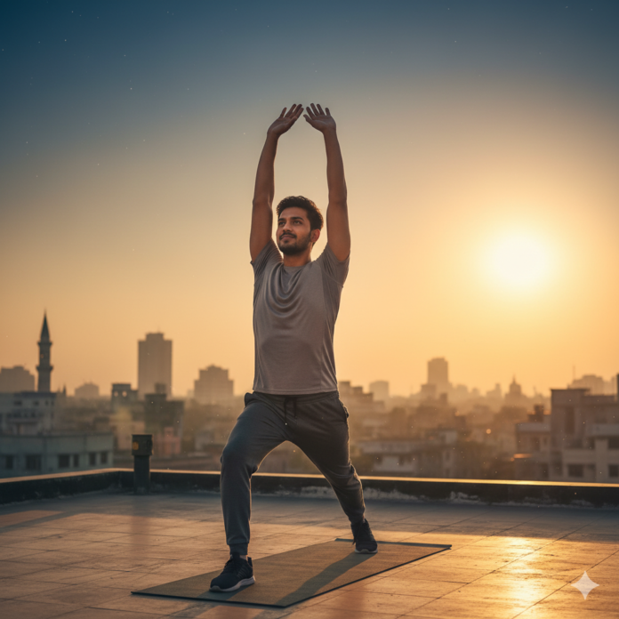 Bangladeshi man doing light exercise and eating healthy food to strengthen immune system (or similar, based on the image)