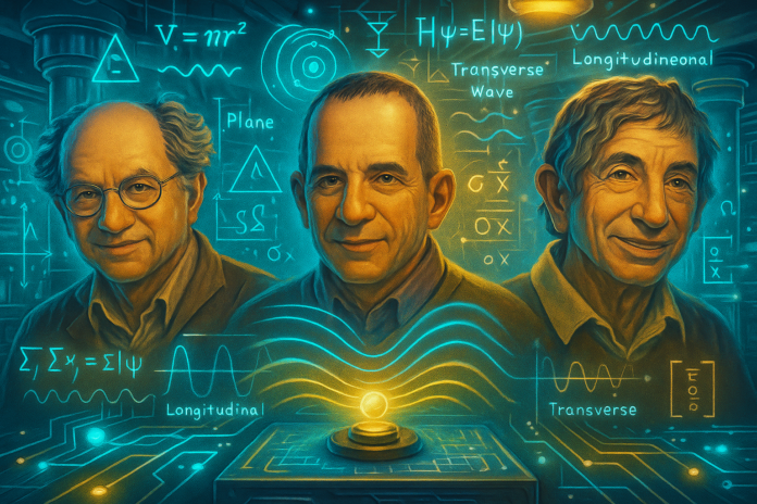 Three scientists demonstrating macroscopic quantum tunneling experiment with Josephson Junction in a superconducting lab